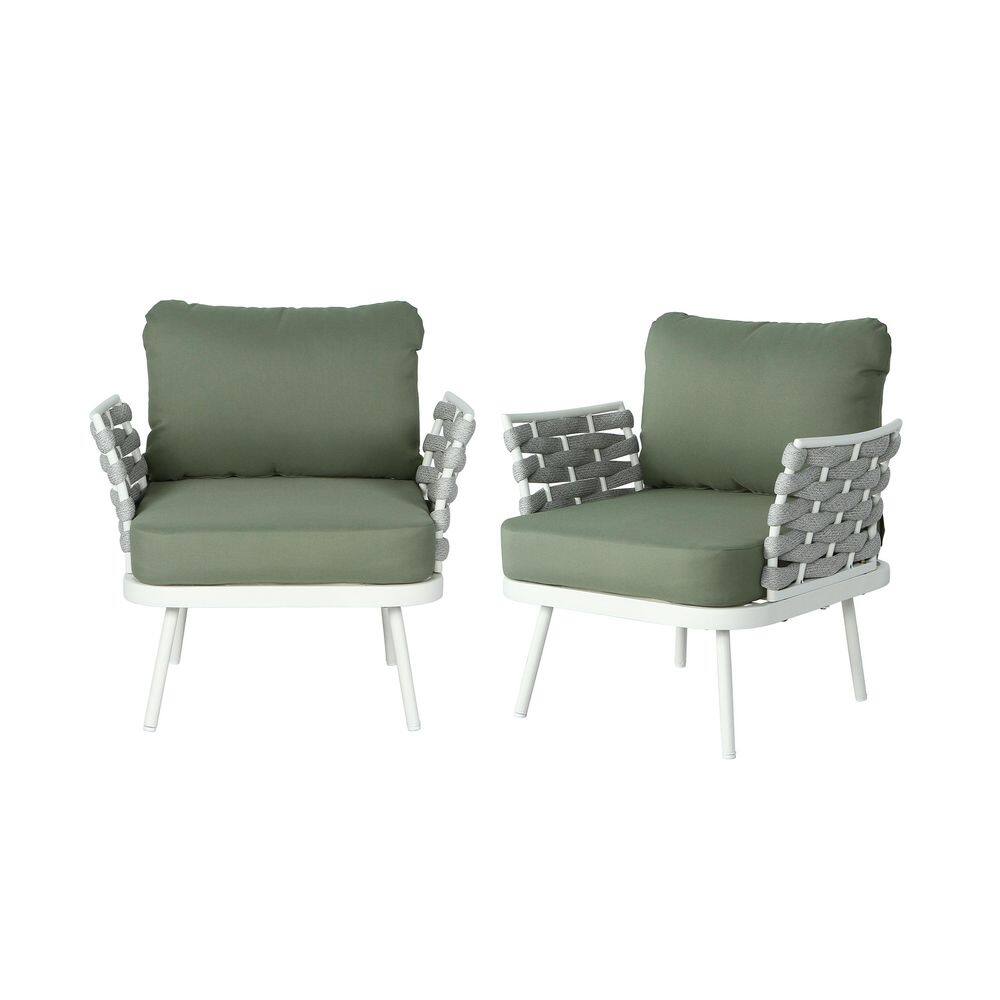 Kaiden Modern Off White Metal and Grey Rope Patio Outdoor Lounge Chair with Green Cushions, Set of 2