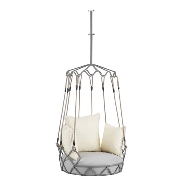 Metal Outdoor Patio Swing Chair Hanging Chair with V Resistant Beige Cushion