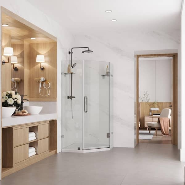 34 in. W x 73 in. H Neo-Angle Pivot Frameless Corner Shower Enclosure in Chrome with 5/16 in. Clear Tempered Glass