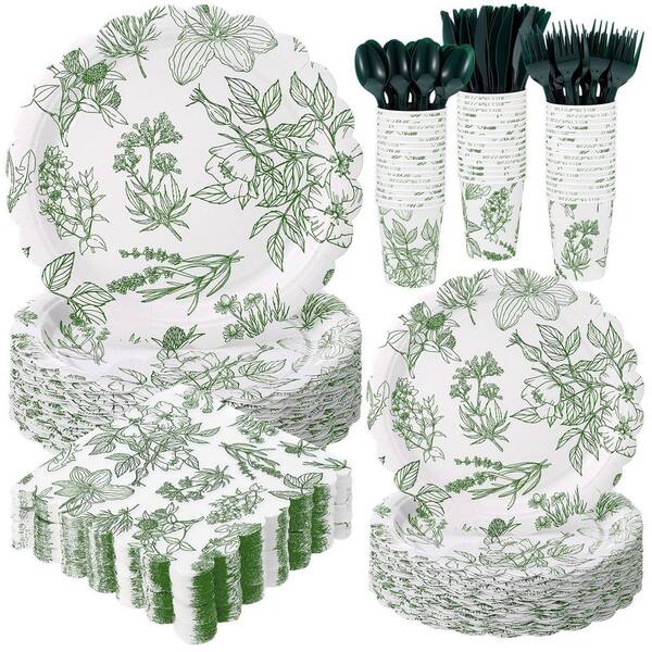 400-Piece Sage Green Disposable Tableware Set with Scalloped Plates, Napkins, Cups and Plastic Cutlery for Parties