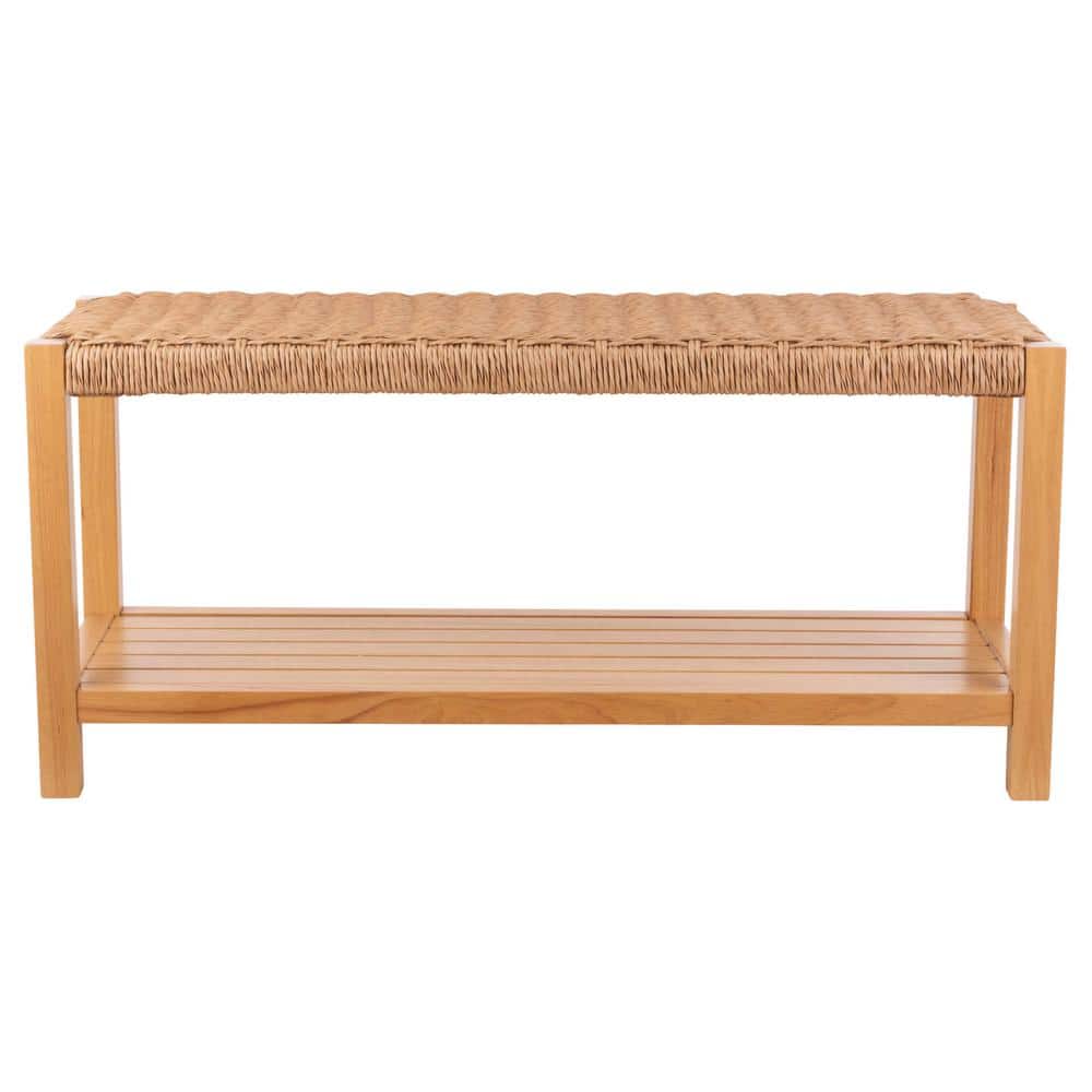 Newport 40-Inch Natural Wood Bench with Woven Rope Seat and Storage Shelf