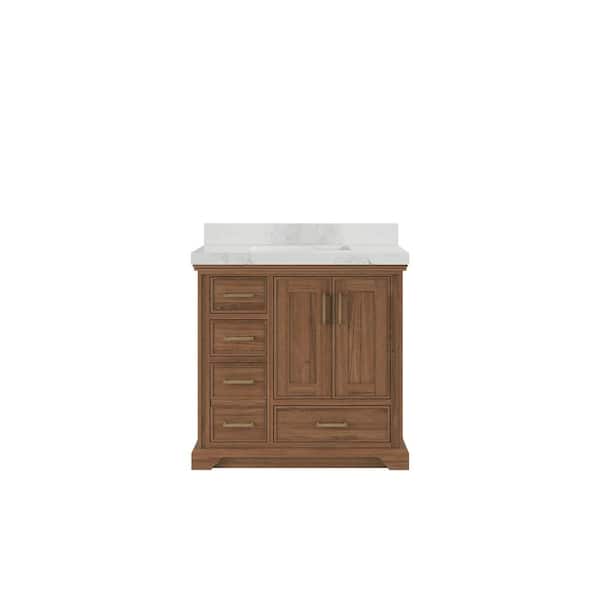 Willow Collections Charlotte Teak 36 in. W x 22 in. D x 36 in. H Center Sink Bath Vanity in Dark Natural with 2 in. Calacatta Nuvo Qt. Top