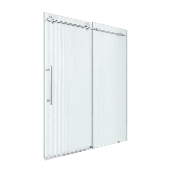 60 in. W x 76 in. H Frameless Sliding Shower Door in Brushed Stainless Finish with Fluted Tempered Glass, Left Opening