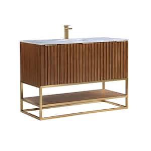 Terra 48 in. W x 22 in. D x 34 in. H Bath Vanity in Walnut and Brass with Marble Vanity Top in White with White Basin