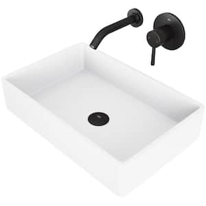 Matte Stone Magnolia Composite Rectangular Vessel Bathroom Sink in White with Faucet and Pop-Up Drain in Matte Black