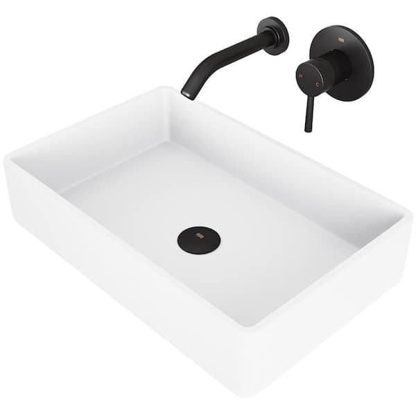 VIGO Matte Stone Magnolia Composite Rectangular Vessel Bathroom Sink in White with Faucet and Pop-Up Drain in Matte Black