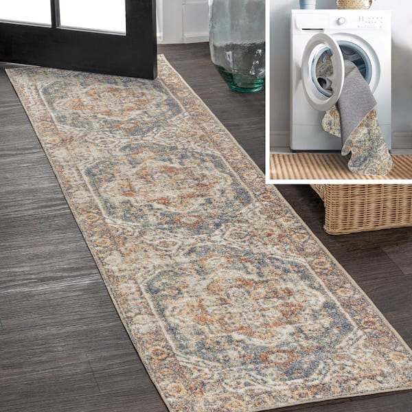 JONATHAN Y Keesha Bold Distressed Medallion Low-Pile Machine-Washable Blue/Cream 2 ft. x 8 ft. Runner Rug