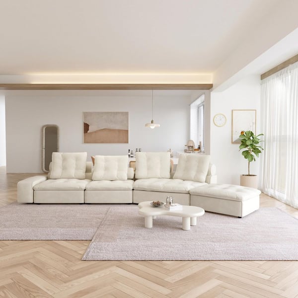 Down Filled Convertible Sofa, Miami 202 in. Square Arm Velvet L-Shaped Modular Sectional Couch with Ottoman in Beige
