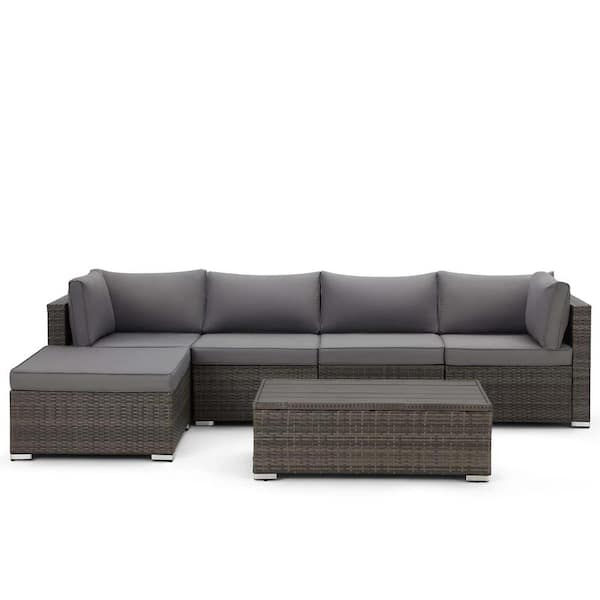 Zeus & Ruta 6-Pieces Wicker Outdoor Sectional Sofa Hand Woven Wicker Patio Conversation Set with Coffee Table Grey Cushions
