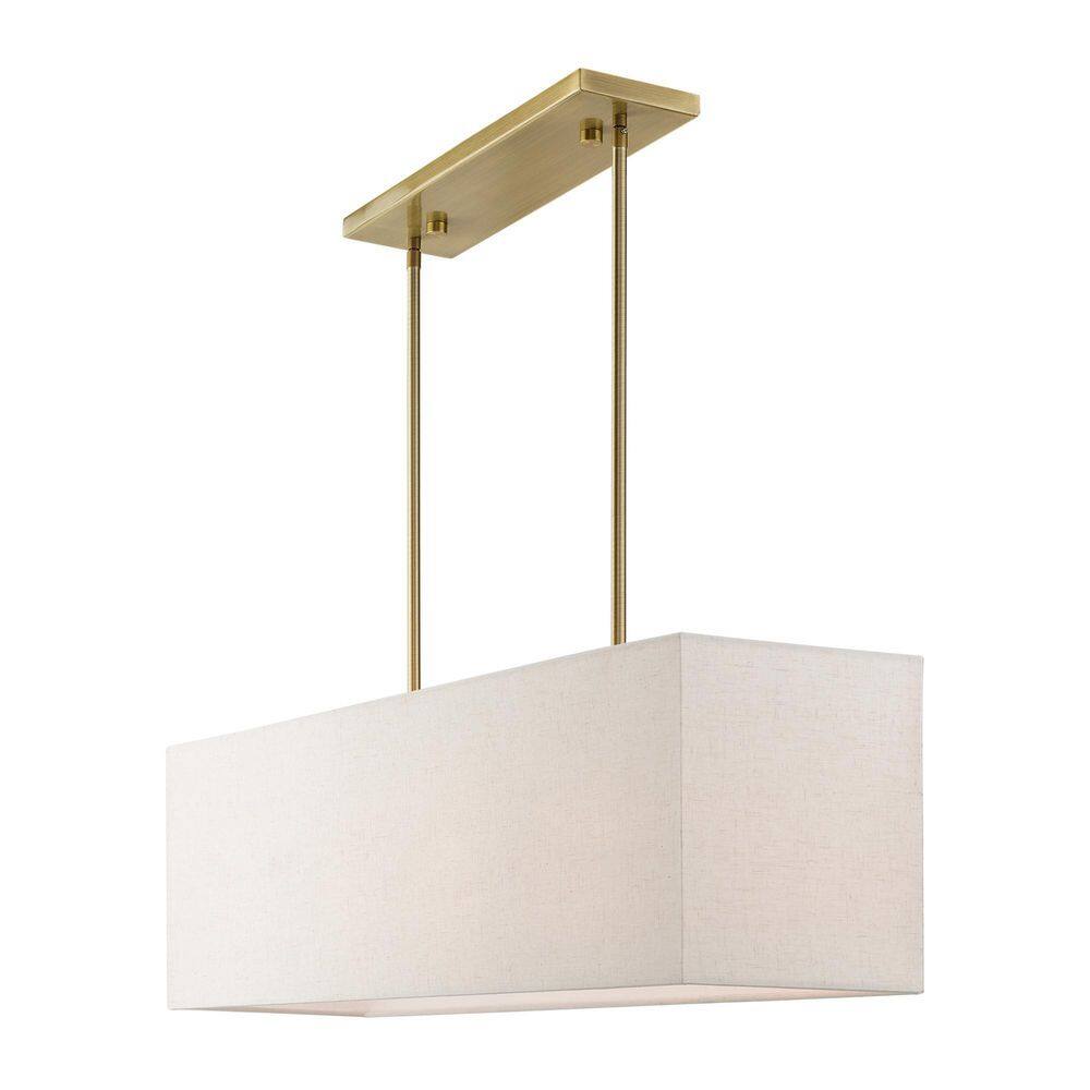 Antique Brass Linear Chandelier with Oatmeal Fabric Shade