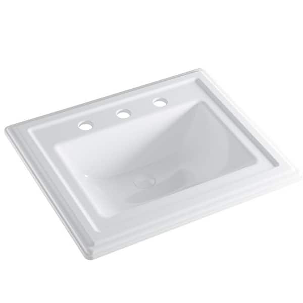 Dekorman Malibu 22 in. Bathroom Sink in White Ceramic Rectangular Drop-In with Overflow and 4 in. Faucet Holes