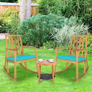 Wood Outdoor Rocking Chair Acacia Wood Armrest with Turquoise Cushions (2-Pack)