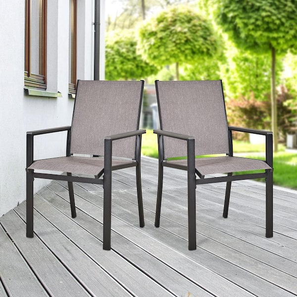 Zeus & Ruta Black Metal Frame Patio Textilene Outdoor Dining Chair with Armrest for Backyard, Garden Set of 2