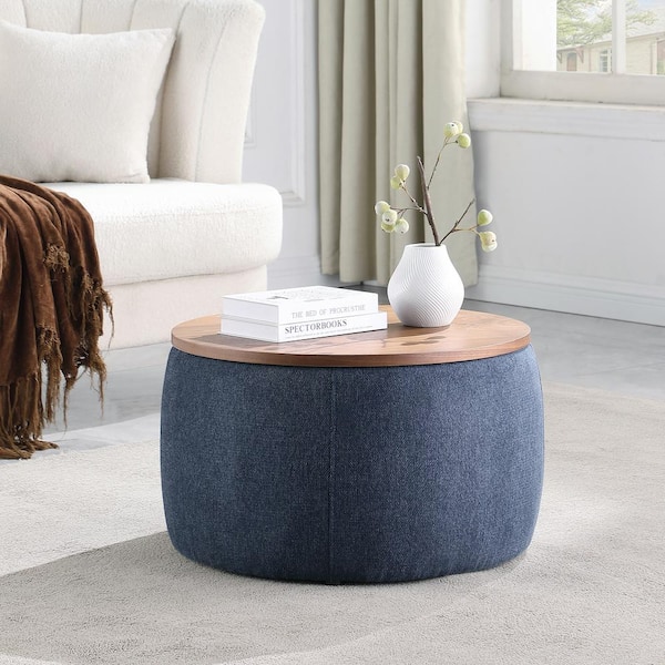 Morden Fort 25 in. Blue Linen Upholstered Round Medium Storage Ottoman Foot Rest Stool for Living Room Bedroom Coffer Table Wood