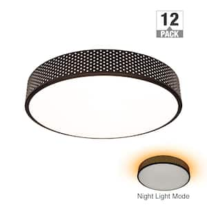 15.5 in. Black Round LED Flush Mount with Perforated Design and Night Light Feature Adjustable CCT 1600 Lumens (12-Pack)