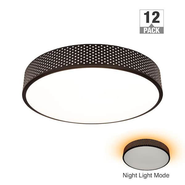 Commercial Electric 15.5 in. Black Round LED Flush Mount with Perforated Design and Night Light Feature Adjustable CCT 1600 Lumens (12-Pack)