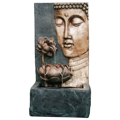 30 in. Tal, Bronze and Natural Grey Cascading Lotus Buddha Face Indoor Outdoor Zen Water Fountain with LED Light
