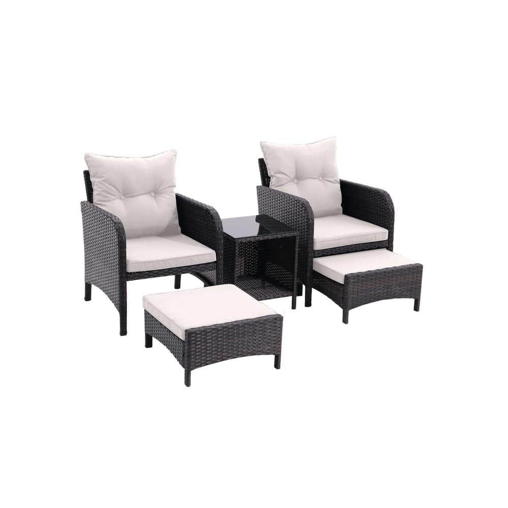 5 Piece PE Wicker Outdoor Furniture Lounge Chair Set with Footstool and Sto