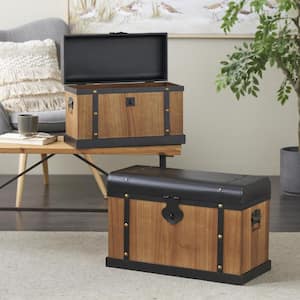 16 in. H x 24 in. W Brown Wooden Storage Trunk with Black Metal Tops and Gold Studs (Set of 2)