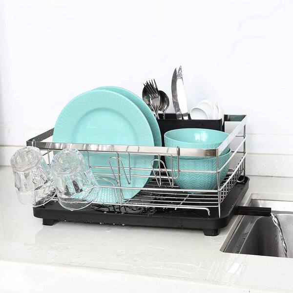 Oumilen Rose Gold Aluminum Dish Rack, Counter Rustproof Dish Storage with Cutlery Holder, Removable Drainer Tray