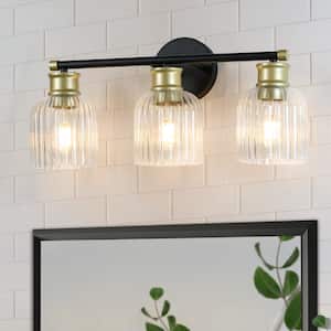 Merrin 20.67 in. 3-Light Black and Gold Bathroom Vanity Light with Lantern Vertical Stripes Dome Shades
