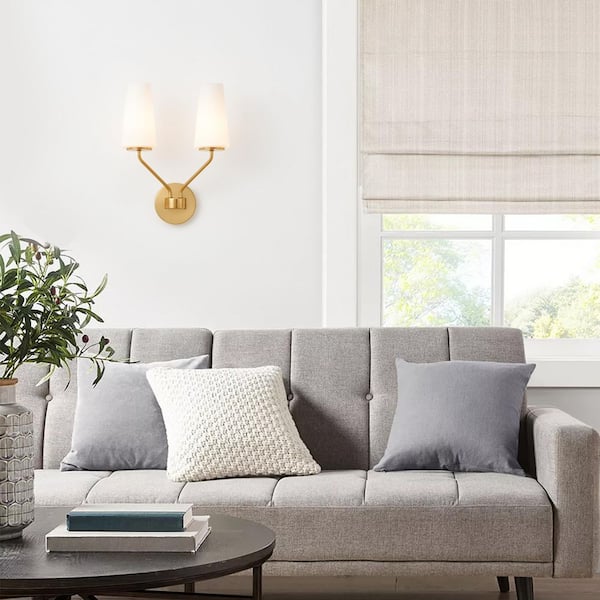 2-Light Brushed Gold Wall Sconce with Frosted Opal Glass Shades