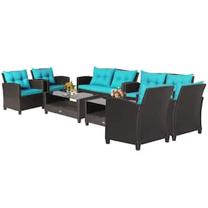 8 -Piece Patio Rattan Furniture Set Glass Table Shelf Sofa Cushion Turquoise