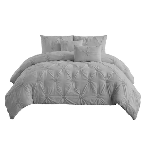swift home Swift Home 3-Piece Gray Microfiber Full/Queen Floral Pintuck Comforter Set