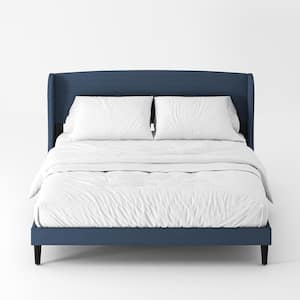 Eckhard Navy Upholstered Wood Frame Wingback King Platform Bed with Tapered Legs