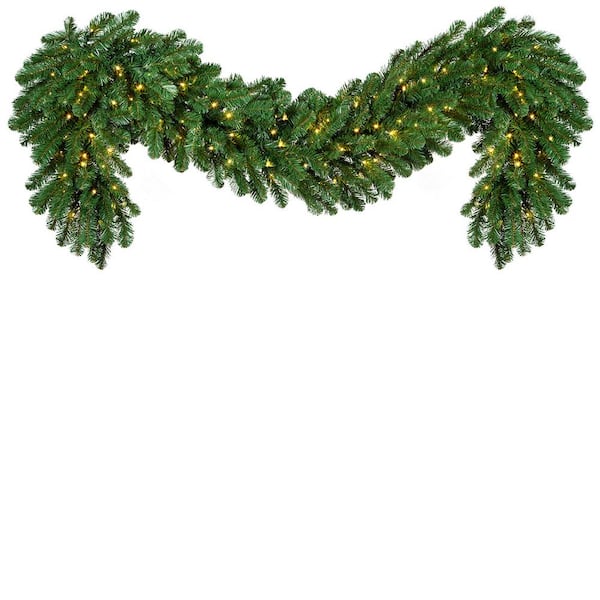 Red Sleigh 9 ft. Pre-Lit LED Artificial Sequoia Fir Commercial Christmas Garland with 100 Warm White Lights