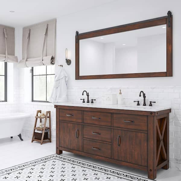 Water Creation Aberdeen 72 in. W x 22 in. D Vanity in Rustic Sierra with Marble Vanity Top in White with White Basin and Mirror