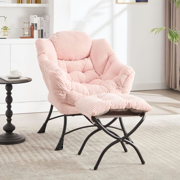 HOMEFUN Modern Comfy Pink Corduroy Lazy Accent Arm Chair with Ottoman Ergonomic Folding Footrest for Small Spaces