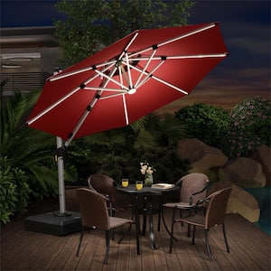 10 ft. Octagon Aluminum Solar Powered LED Patio Cantilever Offset Umbrella with Stand, Terra