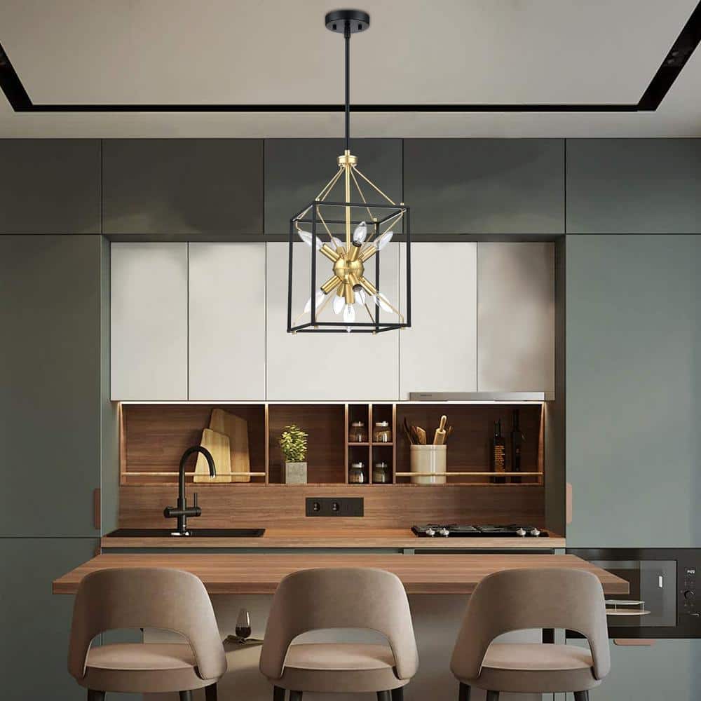 Maze 9-Light 10 in. Modern Rectangle Lantern Pendant Light with Matte Black and Gold Accents price history on PriceWatchPro