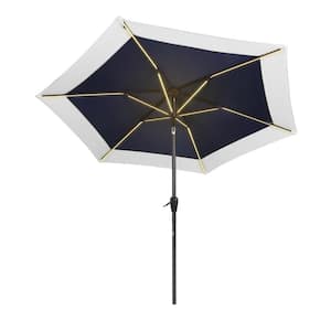 Spencer 9 ft. 2-Tone Solar LED Market Patio Umbrella with 12 LED Strip Lights, Auto-Tilt, and Crank in Navy/White