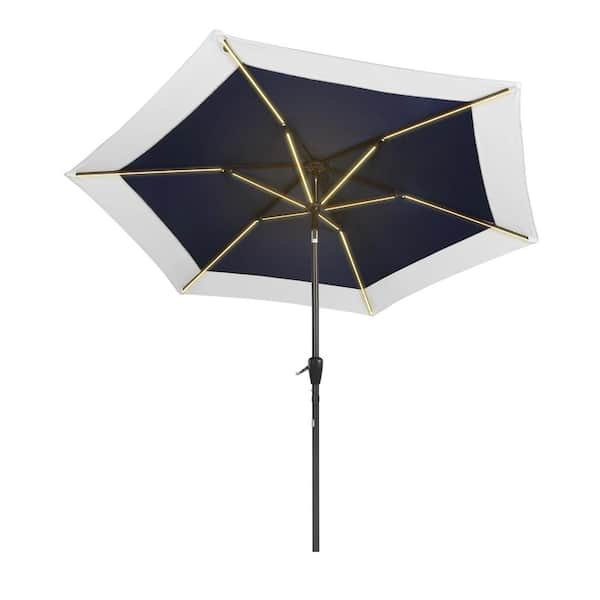 JONATHAN Y Spencer 9 ft. 2-Tone Solar LED Market Patio Umbrella with 12 LED Strip Lights, Auto-Tilt, and Crank in Navy/White