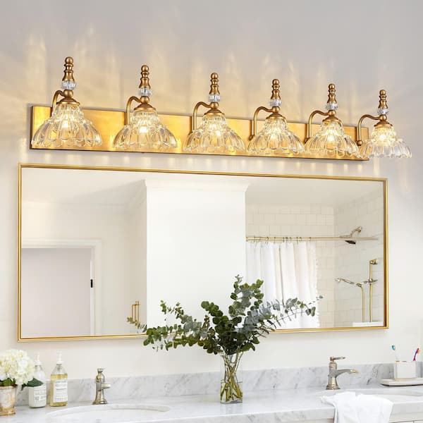 Home Lighting 46.45 in. 6-Light Brass Vintage Bathroom Vanity Light with Flower Glass Shade Over Mirror for Bathroom