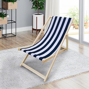Dark Blue Stripe Folding Chaise Lounge Chair Stylish Populus Wood Sling Chair Outdoor Wood Sling Chair