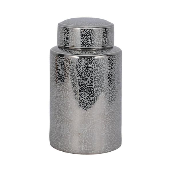 Liv & Skye 12 in. Crackle Silver Ceramic Jar with Lid