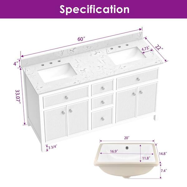 YASINU Vanta 60 in. Double Sink Freestanding White Bath Vanity