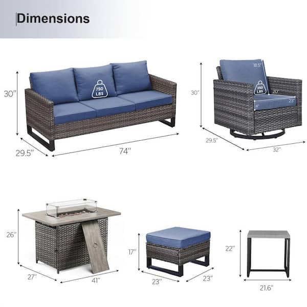 U-Frame 7-Piece Gray Wicker Fire Pit Conversation Set with Olefin Blue Cushions and Swivel Glider Chairs/Couch