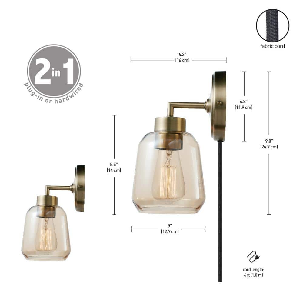 Salma Matte Brass Dimmable Wall Sconce with Smoked Amber Glass
