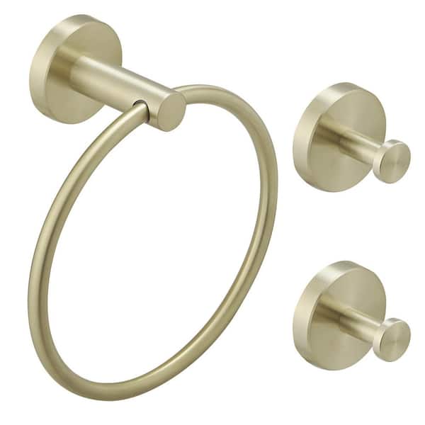 3-Piece Bath Hardware Set Towel Ring and 2-Pieces Towel Hooks and Mounting Hardware Wall Mount Modern in Brushed Gold