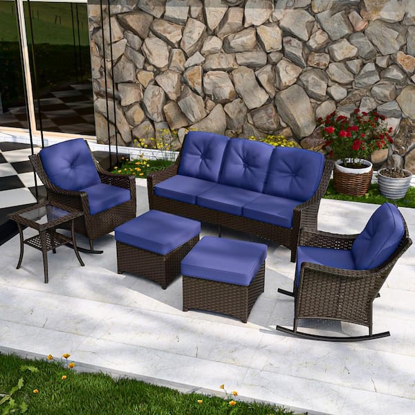 EAGLE PEAK Brown Rattan Wicker 6-Piece Outdoor Patio Conversation Set with Rocking Chairs, Table, and Blue Cushions