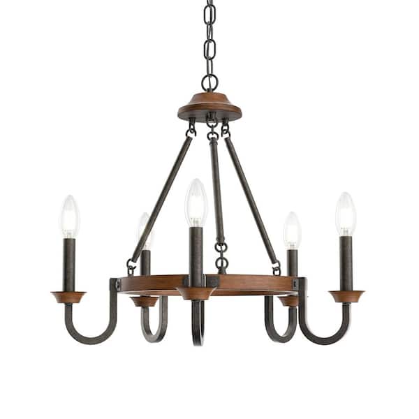 KICHLER Barrett 22 in. 5-Light Anvil Iron with Auburn Stain Farmhouse Candle Circle Chandelier for Kitchen