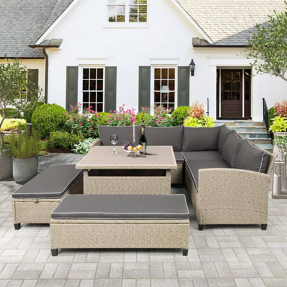 6-Piece Wicker Outdoor Sectional Set with Gray Cushions, Table and Benches