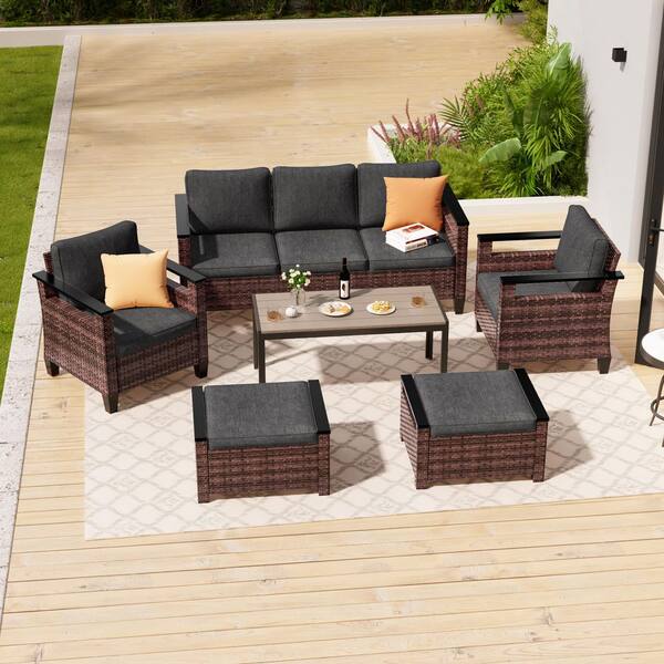 JOYESERY 6-Pieces Patio Conversation Set with Coffee Table Wide Armrests Sofa Brown PE Wicker with Black Cushions