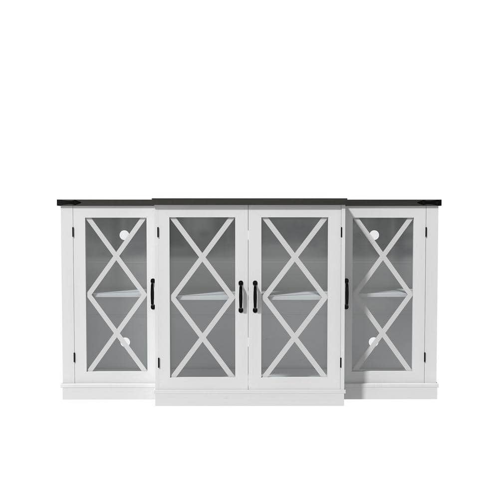 White Farmhouse 63" TV Stand with Glass Cabinet Doors