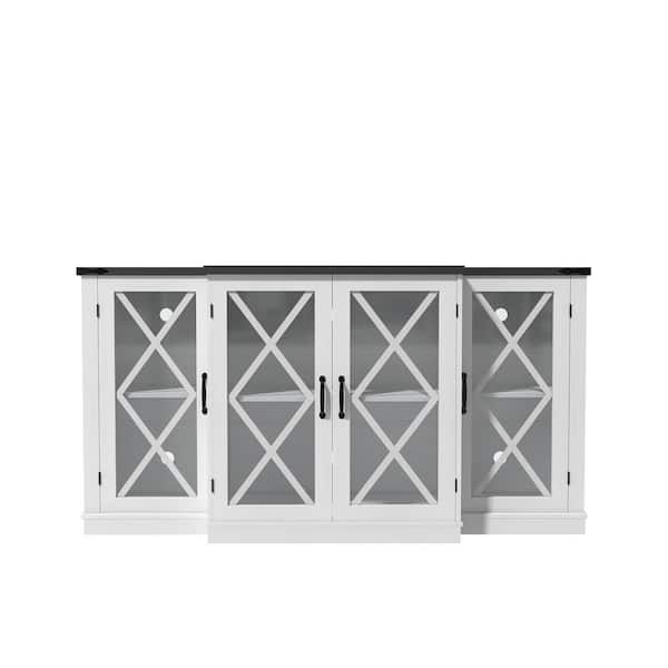 Clihome White Farmhouse TV Stand Wooden Media TV Console Fits TVs up to 73 in. W, 4-Glass Door and Adjustable Shelves