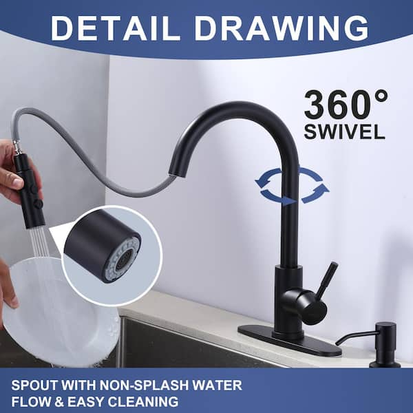 Single Handle Pull Down Sprayer Kitchen Faucet with Soap Dispenser and Deck plate in Matte Black